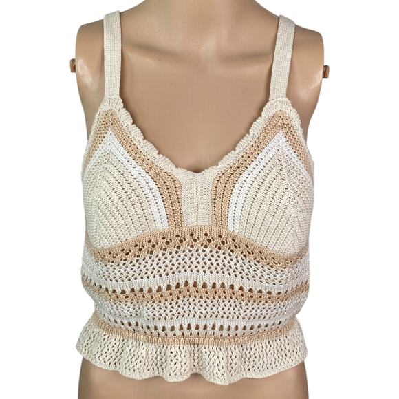 Madden Ivory Beige Crochet Ruffle Hem Knit Cropped Tank Top SZ M - Picture 2 of 9